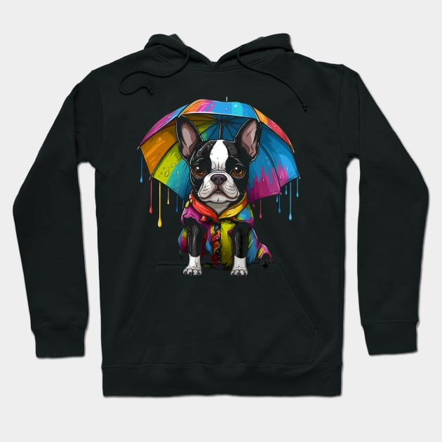 Boston Terrier Rainy Day With Umbrella Hoodie by JH Mart